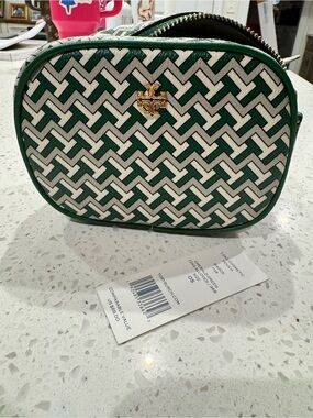 Tory Burch Green and White Geometric Cosmetic Case with Gold Logo